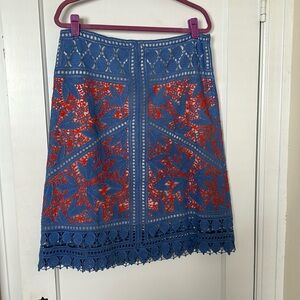 Tory Burch vintage runway guipure lace skirt size 12 lined red/blue